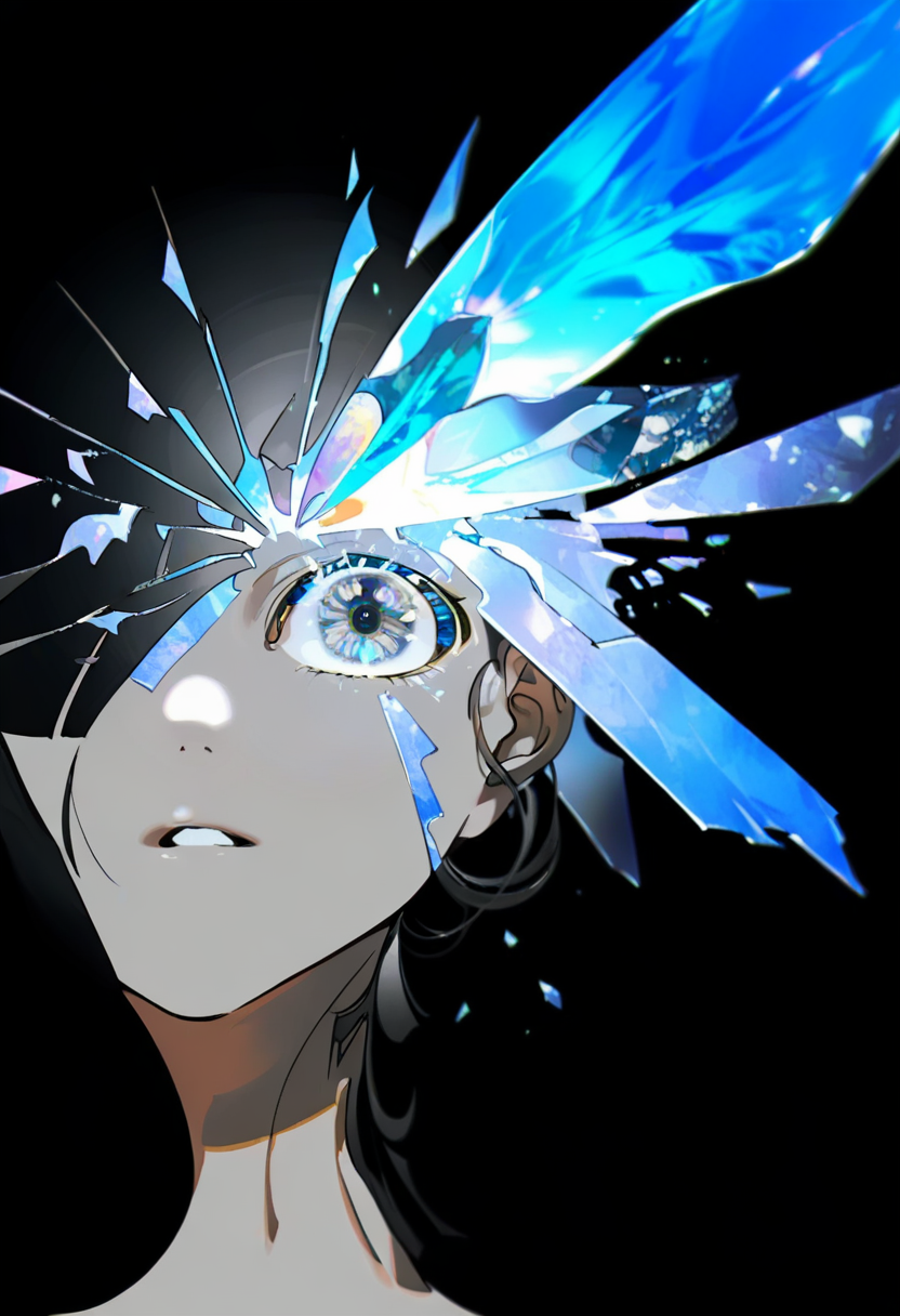solo, black background, portrait, parted lips, shards, wings, 1other, simple background, black hair, androgynous, crack, crystal <lora:yoneyamaiXL_NBVP1_lokr_V6311PZ:0.95>