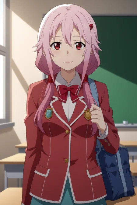 1girl,solo,yuzuriha inori,long hair,twintails,hairclip, hair ornament,indoors,school,classroom,school uniform,red jacket,red ribbon,light smile,holding school bag,collared shirt