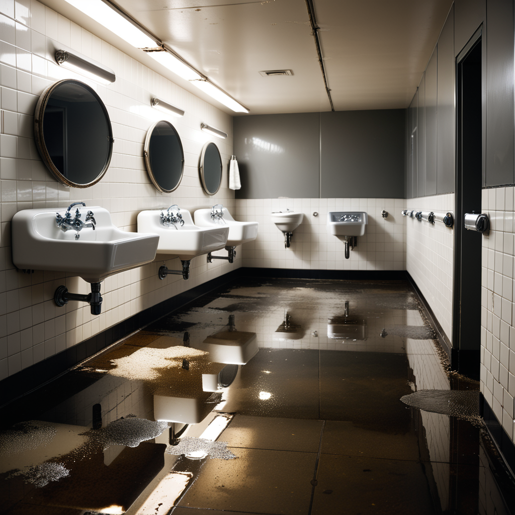 The interior of a public restroom with a utilitarian and slightly neglected design. The walls are covered in plain, slightly stained white tiles, some of which are cracked or chipped. The floor consists of large, dull gray tiles with faint scuff marks and small puddles of water near the sinks. On one side of the room, a row of metal bathroom stalls with scratched doors and faded paint lines the wall. On the opposite wall, a series of wall-mounted urinals made of white ceramic are spaced evenly, each with a metallic flush handle above. Some urinals have faint stains and water streaks, with one having a small puddle beneath it. A row of sinks with old, slightly rusted faucets sits beneath a large, streaked mirror that has smudges and water spots. Above, fluorescent tube lights buzz faintly, casting a cold, sterile glow over the space. A faint smell of cleaning chemicals lingers in the air, mixed with the dampness of the room. A hand dryer is mounted on the wall near the entrance, and a trash bin overflowing with crumpled paper towels stands nearby. The atmosphere feels functional but slightly neglected, emphasizing its everyday use.
<lora:SDXLFaeTastic2400:0.4> <lora:extremely_detailed:0.4> extremely detailed, Masterpiece,best quality,hi res,8k,hi res,8k,award winning,(sharp focus, intricate, highly detailed),