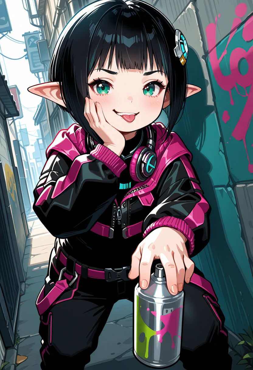 <lora:sr1ot:0.8>Sr1ot,short hair,black hair,hair ornament,green eyes,pointy ears,headphones around neck,lalafell,black jacket,black pants,solo,shrug,smug,tongue out,alley,graffiti,dutch angle,spray can, grin,hand on own face, very awa, masterpiece, best quality, amazing quality, very aesthetic, absurdres, sensitive, newest <lora:spo_sdxl_10ep_4k-data_lora_webui:0.7>,