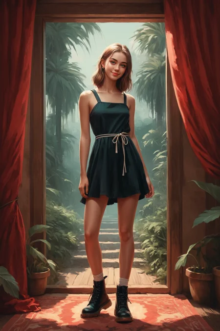 digital painting by Guweiz and Alena Aenami in the style of Terry Redlin of a cute fit 18 year old model, cinematic fashion shot, full body length <lora:EnvyStudioPortraitXL01:0.35>