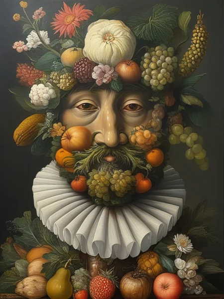 masterpiece,best quality,oil painting,illustration,bear,style of Giuseppe Arcimboldo,fruits,vegetables,flowers,fish and books,<lora:tbh108-sdxl:0.9>,