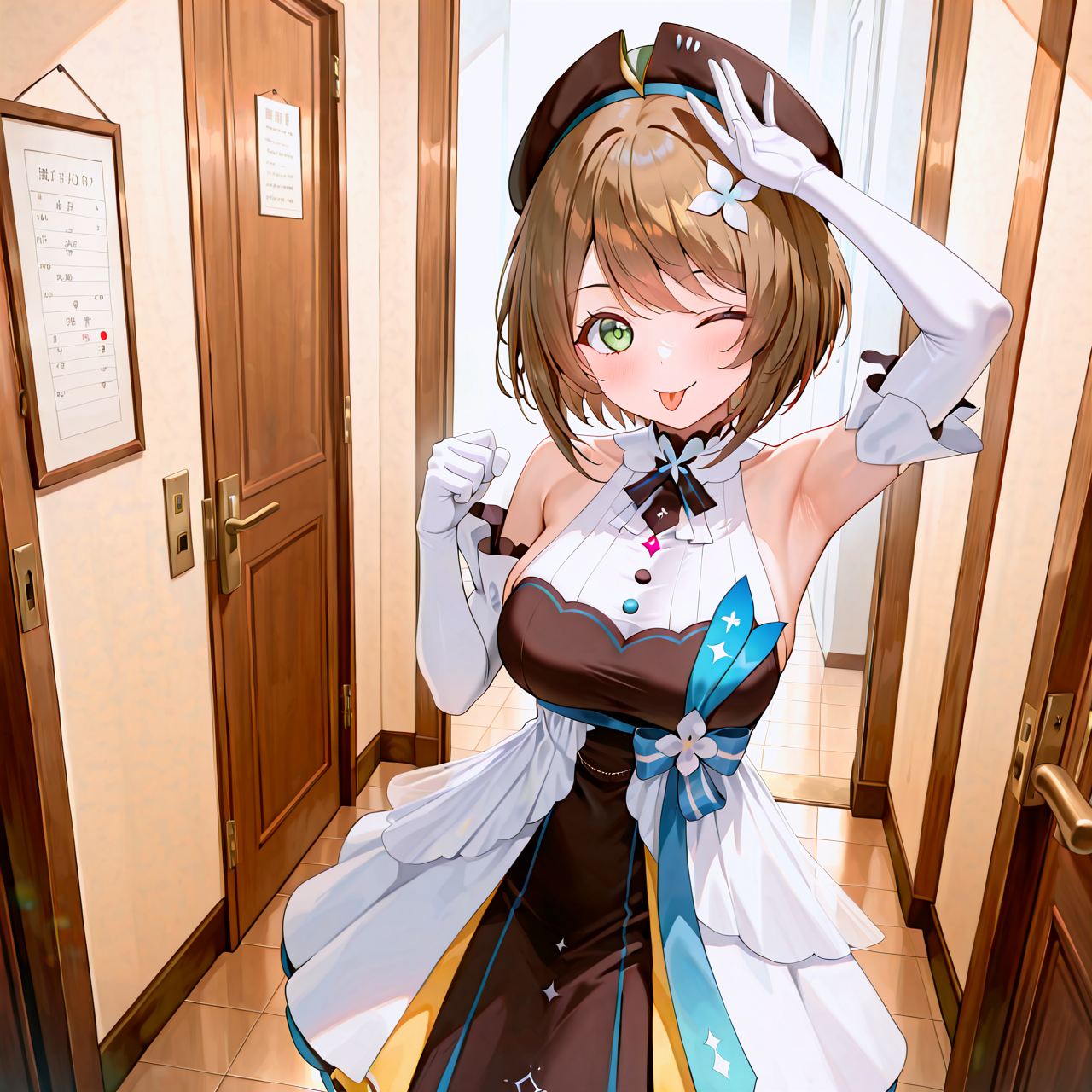 masterpiece,best quality,amazing quality,(vibrant colours, HD32K, highly detailed,  ultra-detailed), very aesthetic, newest, absurdres, highres,masterpiece,best quality,hires
(Front lighting:1),quality,hires,Detailed facestanding,
1girl,solo
Standing, winking
entrance, entrance door, the door opens into a hallway, and there is a wall behind it
tehepero, dojikko pose, tongue out, one eye closed, arm up, hand up
tongue out, hand up, clenched hand, hand on own head, one eye closed, :p, ;P
<lora:noobaiXLNAIXL_epsilonPred11Version-lora:0.2>
<lora:DetailedEyes_V3:1>
 <lora:ãã¾ãIL:1> komaru,green eyes, brown hair, short hair,hair ornaments,Beret,hat,,,Dress, long gloves