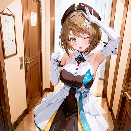 masterpiece,best quality,amazing quality,(vibrant colours, HD32K, highly detailed, ultra-detailed), very aesthetic, newest, absurdres, highres,masterpiece,best quality,hires
(Front lighting:1),quality,hires,Detailed facestanding,
1girl,solo
Standing, winking
entrance, entrance door, the door opens into a hallway, and there is a wall behind it
tehepero, dojikko pose, tongue out, one eye closed, arm up, hand up
tongue out, hand up, clenched hand, hand on own head, one eye closed, :p, ;P
<lora:noobaiXLNAIXL_epsilonPred11Version-lora:0.2>
<lora:DetailedEyes_V3:1>
<lora:ãã¾ãIL:1> komaru,green eyes, brown hair, short hair,hair ornaments,Beret,hat,,,Dress, long gloves