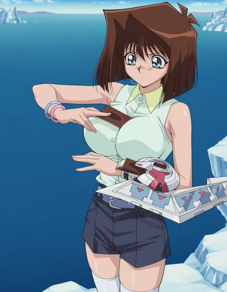 anime artwork amazing quality,very aesthetic,absurdres,best quality,newest,masterpiece,4k resolution,official anime artwork,screencap,anime screencap,2000s \(style\),yu-gi-oh! duel monsters,anime coloring,retro artstyle,<lora:anime_screencap:1>,1girl,mazaki anzu,brown hair,blue eyes,huge breasts,yu-gi-oh! duel monsters,curvy,thick thighs,light green sleeveless buttoned shirt with yellow collar,pink and blue bracelets,navy shorts with a light blue belt,white thighhighs,pink and blue bracelets,blue platform sandals,<lora:breasts_size_slider_illustrious_goofy:1.5>,5 fingers,outdoors,standing on iceberg,water,icebergs in the background,ocean,duel disk on her right arm,duel disk close to her chest,drawing a card with her left hand,closeup,<lora:Anzu_Mazaki_YGO_Duel_Monsters-000006:1>,IllusP0s,<lora:Duel_Disk_Illustrious_X1_SD8:1>, . anime style, key visual, vibrant, studio anime, highly detailed