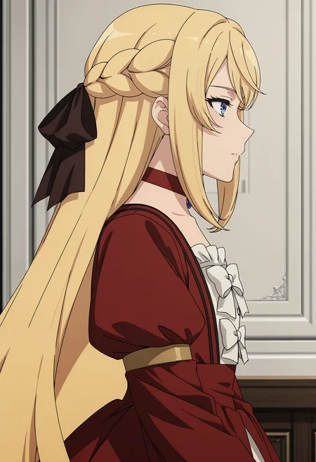 <lora:Ariel Anemoi Asura_illustrious-000048:1>,
Ariel Anemoi Asura, solo, braid, juliet sleeves, long sleeves, choker, dress, white bow, from side, red dress, profile, puffy sleeves, closed mouth, french braid, black bow, sidelocks, hair bow, indoors, ribbon, frills, upper body, very long hair, red choker, hair ribbon, white bowtie, anime screencap