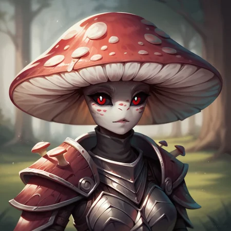 (((detailed, beautiful, high quality))), score_9, score_8_up, score_7_up, upper body,
myconid, anthro mushroom, mushroom cap, black sclera,
1girl, red hat, white spots, gray skin, red eyes, armor,
looking at the viewer, posing, blurred background, blurred fantasy background,