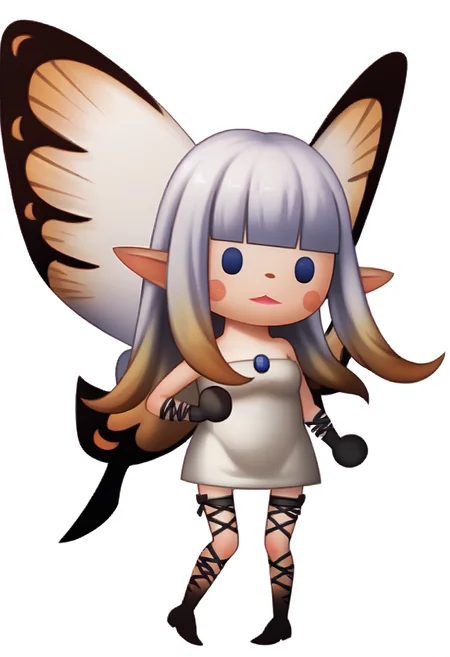 score_9, score_8_up, score_7_up, source_anime, BREAK 1girl, solo, <lora:zs_TheatrhythmStyleXL_1:1.0> theatrhythmstyle, chibi, white background, full body, <lora:AiryBD-pdxl:1> airyBD, long hair, blunt bangs, gradient hair, pointy ears, white dress, short dress, strapless, fairy wings, black gloves, fishnet gloves, fishnet thighhighs