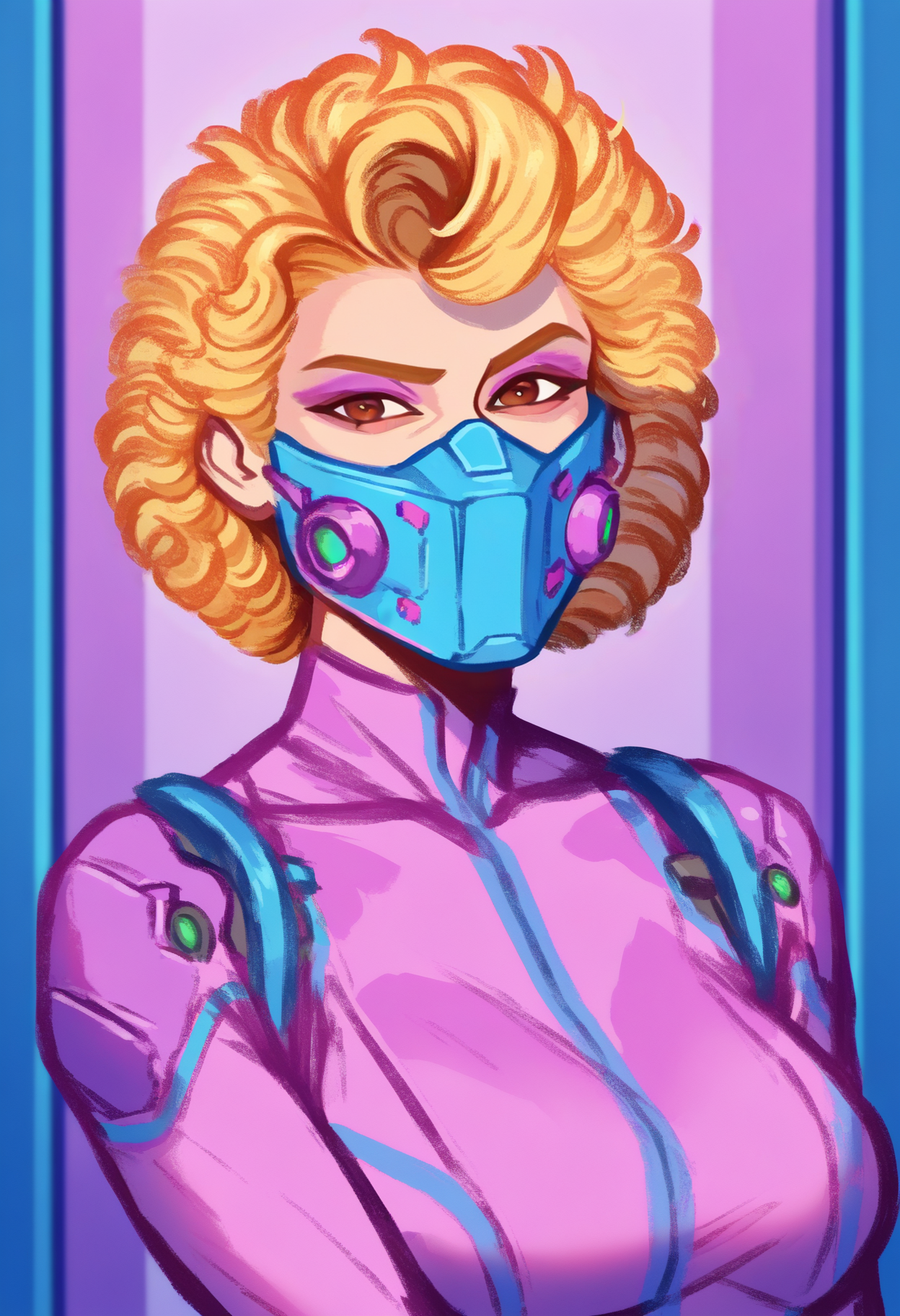 masterpiece, best quality, newest, absurdres, highres, 1girl, solo, <lora:NSPamStardew:1> NSPamStardew, brown eyes, curly hair, short hair, blonde hair, lipstick, pink eyeshadow, cyborg, bodysuit, headgear, mask, covered mouth