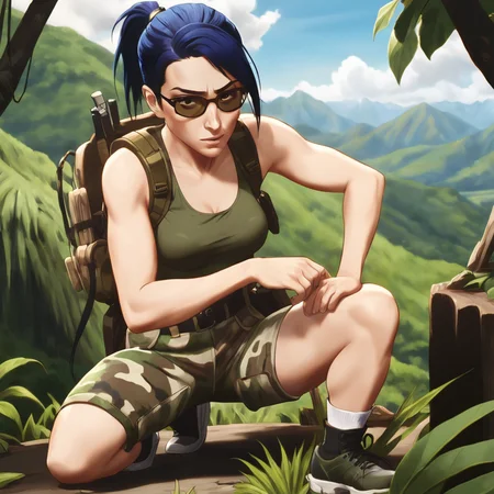 arcane, caitlyn, blue hair, 1girl, solo, ponytail, sunglasses, bangs, crouched in jungle, wearing camo fatigues, military camo, sunny, hills, mountains in background, black sunglasses <lora:caitlyn-v2:0.75>