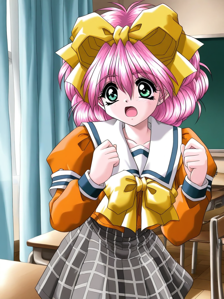 general,highres, ultra-detailed,very aesthetic,best quality ,best hands, BREAK <lora:Kanzaki_Suzu_Akumu_AoiKajitsunoSange_IS:1>
Kanzaki_Suzu, 1girl, solo, pink hair, medium hair, yellow bow, green eyes, hair bow, short,
school uniform, gray plaid skirt, white and black skirt, orange sleeve,
surprised,
open mouth,
class room, curtain,