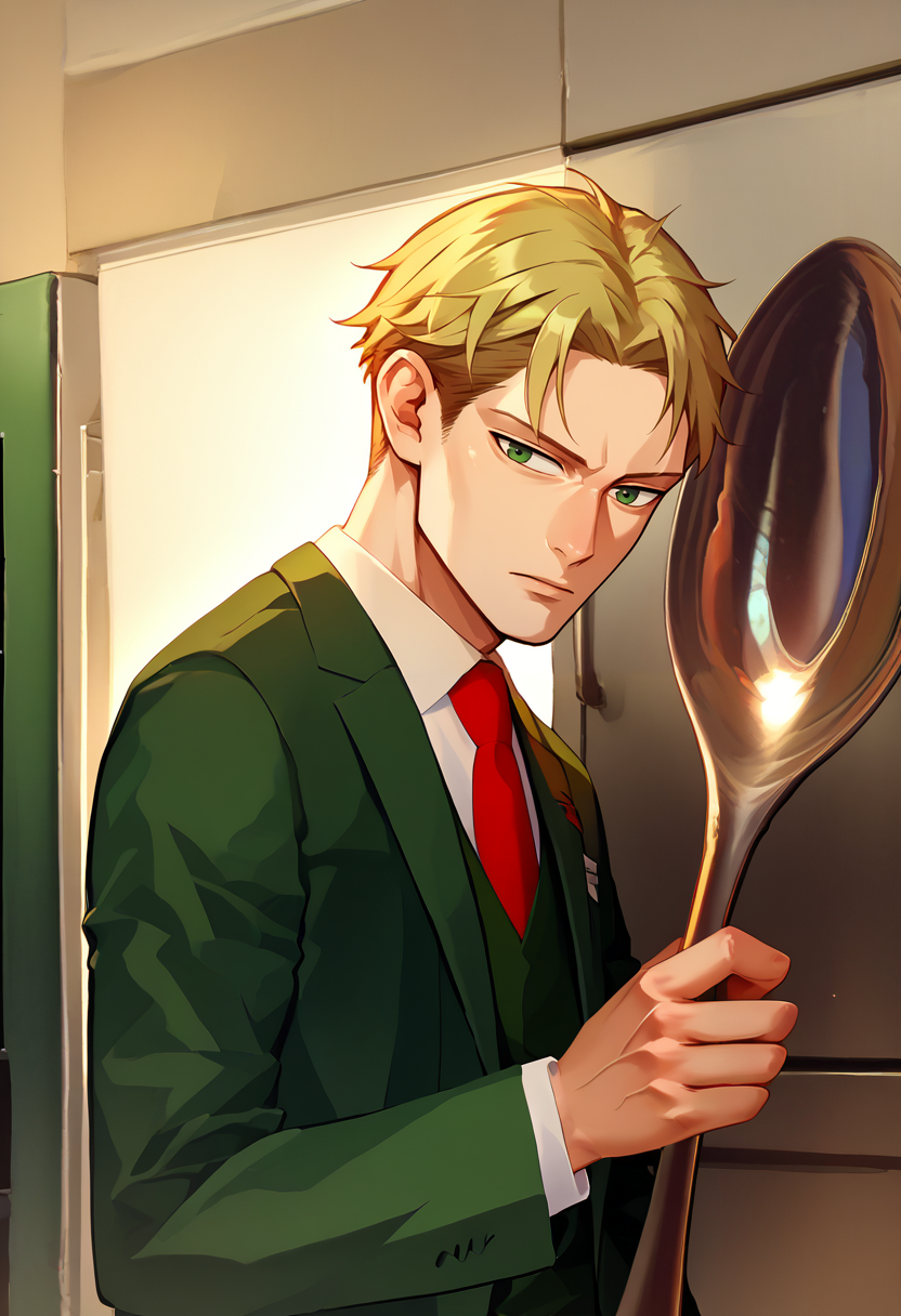 score_9, score_8_up, score_7_up, 1boy, loid forger, blonde hair, short hair, green eyes, collared shirt, red necktie, green jacket, white shirt, suit, formal, long sleeves, vest, <lora:LoidForgerTwilight_pdxl_Incrs_v1:1>, <lora:ComicallyLargeSpoon_XLPD:1>, ComicallyLargeSpoon