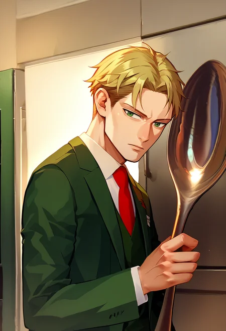 score_9, score_8_up, score_7_up, 1boy, loid forger, blonde hair, short hair, green eyes, collared shirt, red necktie, green jacket, white shirt, suit, formal, long sleeves, vest, <lora:LoidForgerTwilight_pdxl_Incrs_v1:1>, <lora:ComicallyLargeSpoon_XLPD:1>, ComicallyLargeSpoon