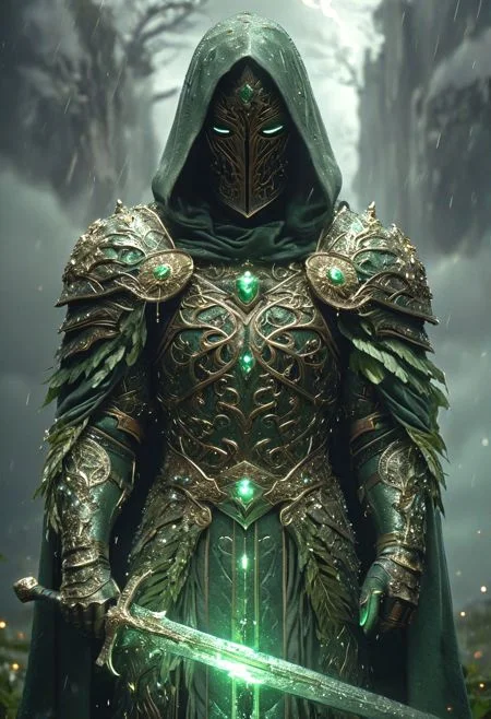 HKStyle , long cape, intricate armor, 
A stunning, highly detailed dark fantasy full body illustration of a  nature warrior wearing intricate armor and an epic green and brown ornamented with leafs and branchs, druid armor, nature and druid theme mask, green glooming eyes, very wide shoulders, wearing big gauntlets, epic composition.  stands with a flowing cloak and  hood during a storm with foggy gloom,agony , style by Greg Rutkowski, by Milo Manara and Russ Mills, with insanely intricate details and textures, gloomy dramatic lighting, 8K resolution
<lora:HKStyle:1>, hkstyle
<lora:add-detail-xl:1.5>,
<lora:quality1:0.75>,
<lora:extremely_detailed:0.6>, extremely detailed,
 <lora:ral-bling-sdxl:0.7> ral-bling,