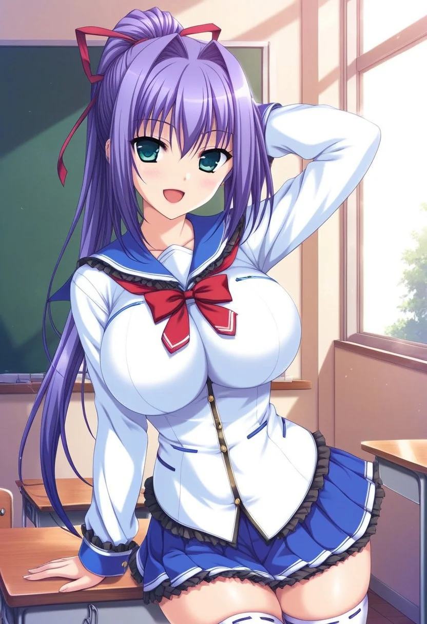 masterpiece, absurdes, highly detailed, highres, high quality, best quality, score_9_up, score_8_up, score_7_up, 2D, anime_source, source_anime, high resolution, detailed face, best quality, detailed eyes, High-resolution portrait, sharp detail, masterpiece, anime style, cowboy shot, rare view,
Break,
1girl, Izunae Meiri, solo, solo focus, looking at viewer, violet hair, long hair, ponytail, red ribbon hair tie, intake hair, side hair, spiky bangs, green eyes, tsurime, breasts, large breasts, pale, slim, sexy, curvy, voluptuous, school uniform, long sleeves, blue and white sailor-style shirt, blue lines on shirt, red tie, blue pleated miniskirt, thigh high white stockings, smile, open mouth, hand behind head,
Break,
indoor, classroom setting, windows, daytime, natural lighting,