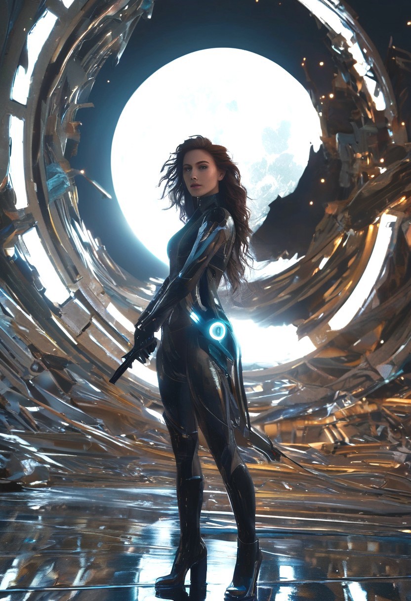 score_9, score_8_up, score_8_up, beautiful girl, futuristic model, wild playful hair, in an action spell-casting pose, summoning her magics, glowing light swirl in orbit around her, sly smile. Beautiful and dangerous atmosphere. Standing in the shadow of a wrecked building, water gushing like waterfalls from high up the building. A large partially shattered moon in the sky. From below. Resplendent spotlight highlighting, cinematic composition and lighting. Masterpiece. 8k. Very detailed.