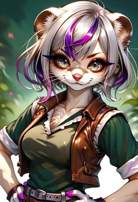 score_9, score_8_up, score_7_up, source_furry, WSG02, weasel girl, weasel ears, weasel tail, natgra2, gray eyes, short hair, (silver hair, violet highlights:1.5), steel greaves, plated footwear, brown skirt, black pants, green shirt, brown leather vest, silver belts, white gloves, silver chest plate, full body view, large breasts, hands on hip