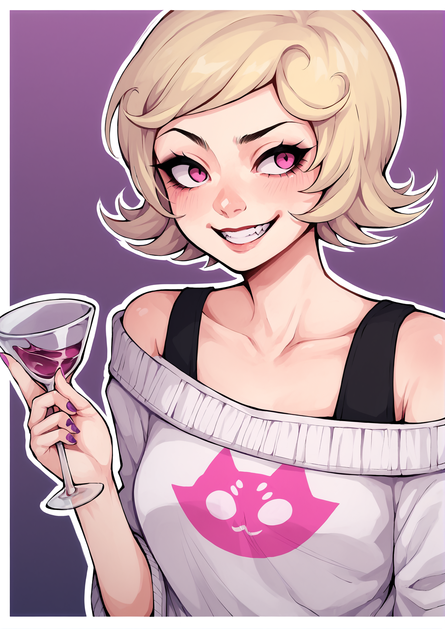score_9, score_8_up, score_7_up, score_6_up, score_5_up, score_4_up, 2d, anime, anime artstyle, simple shadows, flat coloring, flat shadows, thick lines, white outline, <lora:Roxy_Lalonde_-_Homestuck__Variant_canon_outfits__SDXL_Pony:1> roxlal, roxstart, 1girl, solo, smile, short hair, blonde hair, upper body, pink eyes, off shoulder, nail polish, cup, makeup, holding cup, drinking glass, purple nails, wine glass BREAK source_anime
