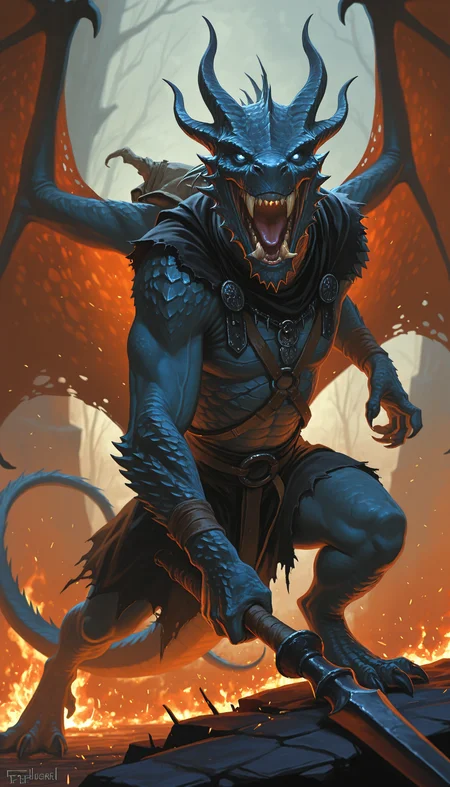 TS-Illu, fantasy, dungeons_&_dragons, realistic, photo_reference, critical_role, best quality, painterly)
muscular, humanoid, solo, looking_at_viewer, open_mouth, blue_eyes, photoshop_(medium), 1boy, original, holding, standing, tail, weapon, yellow_eyes, wings, horns, teeth, cape, armor, holding_weapon, no_humans, glowing, fangs, fire, sharp_teeth, glowing_eyes, claws, spikes, monster, dragon, fantasy, scales, dragon_wings, dark_souls_(series), embers