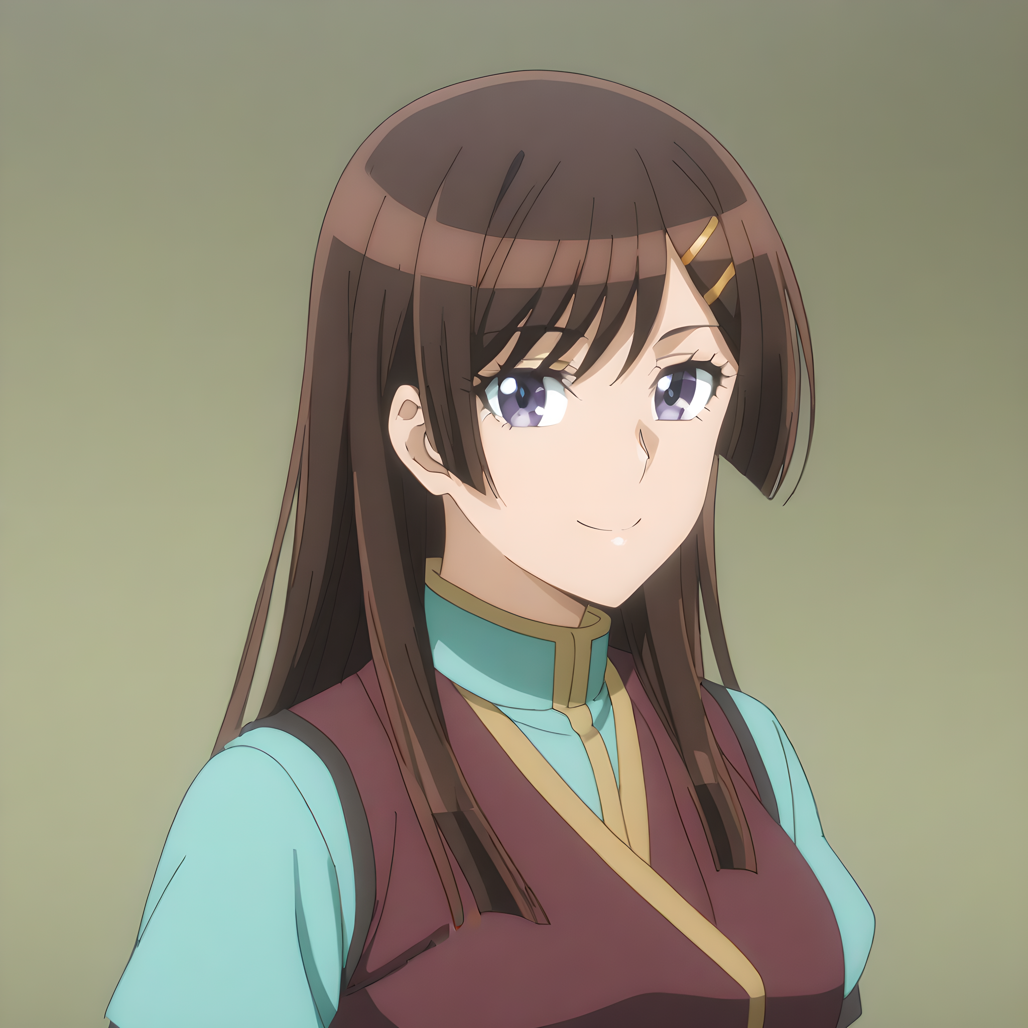 otonashi_hibiki, 1girl, solo, brown hair, purple eyes, brown hair, hair ornament, smile, hairclip, school uniform, smile, looking at viewer, <lora:Otonashi_Hibiki:1>