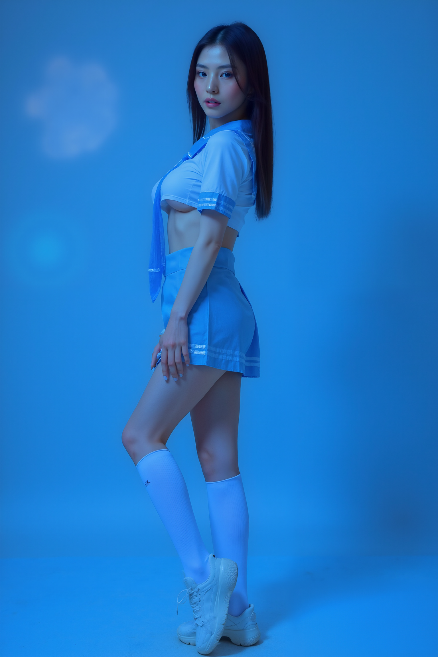 This is a high-resolution professional full body photograph featuring a young woman is posed in a standing contrapposto stance, with subtle weight shifted to one leg to create a natural S-curve in the body silhouette. This classic posing technique creates visual interest and a sense of elegance.

She is wearing SGWN10Clothing, blue-white sailor-themed outfit, white knee-high socks.

The lighting features a high-contrast, monochromatic white color scheme that creates a moody, intimate atmosphere. 

The photography technique uses what appears to be soft lighting to create a glamorous effect, with careful attention to highlighting contours while maintaining the dominant blue color scheme throughout the frame.

The overall aesthetic combines elements of fashion photography, traditional Asian visual motifs, and contemporary boudoir styling. The dramatic blue lighting creates a cohesive visual theme that ties all elements of the composition together.

The white light emit on her to show her feature.