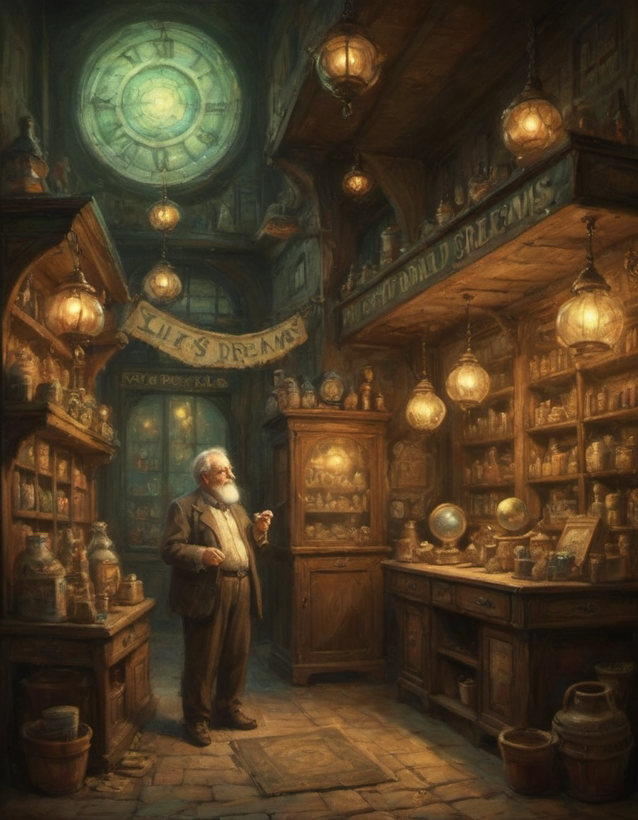 The old dreams-selling shop and its eccentric old proprietor curios magical glow highly detailed