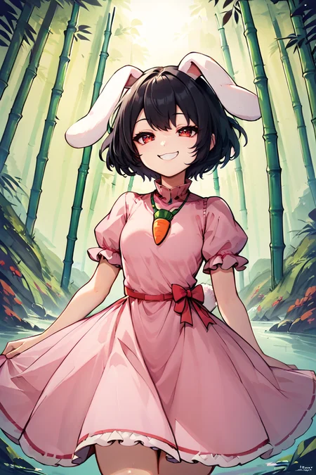 score_9, score_8_up, score_8, score_9, 1 girl, inaba tewi, black hair, pink dress, short hair, black hair, rabbit ears, floppy ears, carrot necklace, puffy sleeves, ribbon-trimmed sleeves, ribbon-trimmed dress, <lora:inaba_tewi_pony-10:1>, red eyes, bamboo forest, cowboy shot, <lora:Line Art Style LoRA XL:0.8>, smug