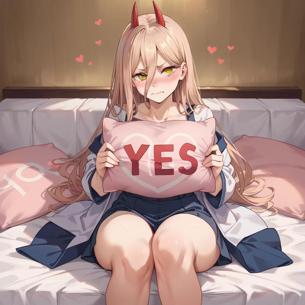 core_9, score_8_up, score_7_up, best quality, masterpiece, source_anime zPDXL2 BREAK, blush, embarrassed ,power_\(chainsaw_man\)
yes, yes-pillow, heart, pink pillow, pillow<lora:yes-no_pillow:1>