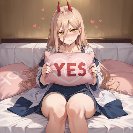 core_9, score_8_up, score_7_up, best quality, masterpiece, source_anime zPDXL2 BREAK, blush, embarrassed ,power_\(chainsaw_man\)
yes, yes-pillow, heart, pink pillow, pillow<lora:yes-no_pillow:1>