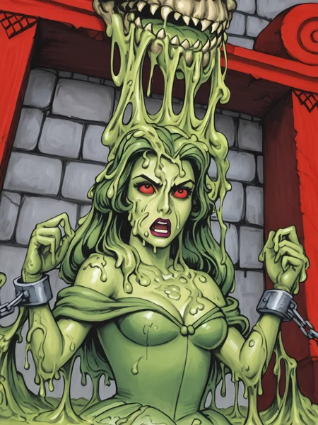 score_9, score_8_up, score_7_up, sourse_anime, <lora:10_motu_slime_pit:1> sl1m3 p1t,  red pillars, green sl1im3,  dripping sl1m3, covered hair, completely covered in slime, (evil,sl1m3 z0mbi3:1.4),sl1m3 covered body, chained arms, restrained, female focus, arms outstretched, 1girl, solo,  dutch angle, upper body, cleavage, worried,   looking up, head forward, close view,  <lora:belle:1> belle, slime hair, long hair, red eyes,red sclera, lipstick, slimy green dress, bare shoulders, breasts, eye roll, open mouth, drool, angry, mindless, teeth, off shoulder, dino bone