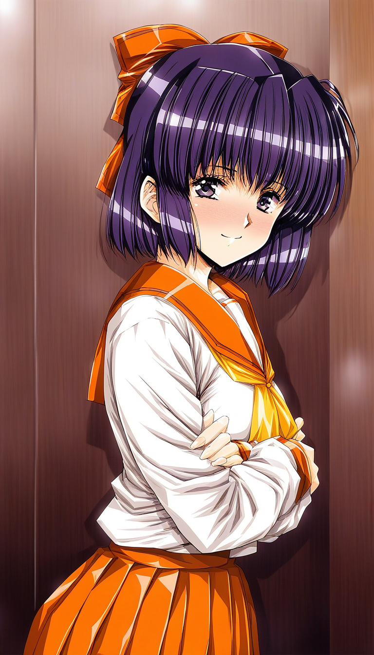 score_9, score_8_up, score_7_up, source_anime, rating_explicit, BREAK  <lora:Love_Mizuho_XL:1> Takahashi_Mizuho, short hair, purple hair, purple eyes, bangs, hair bow, purple hair,shiny hair, medium breasts, 
school uniform, orange skirt, light smile, v arms,
full-face blush, 
flooring room, looking at viewer, 
cowboy_Shot,