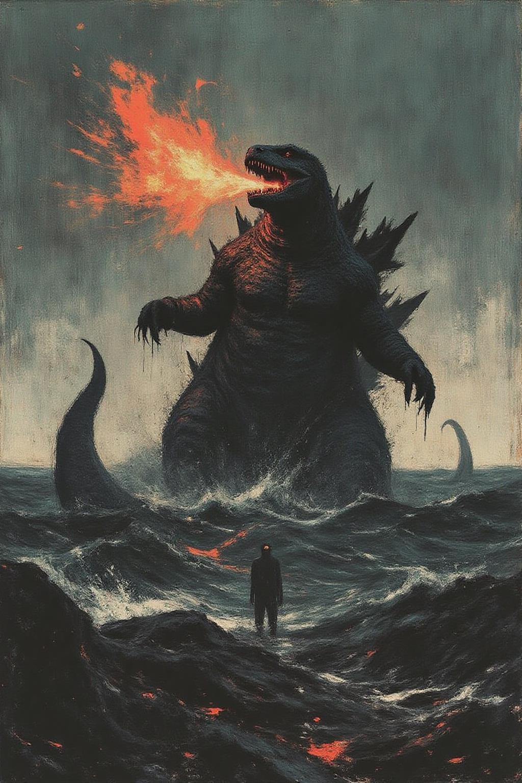 apoca1 illustration. 
Godzilla emerges from the sea, breathing fire <lora:apocalypse_now4_nocap_d4a2:1.0><lora:803186737498100998:0>