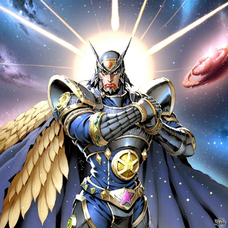 score_9, score_8_up, score_7_up, score_6_up, score_5_up, score_4_up, rating_safe,HDR,epic,dynamic lighting,jojo,solo,alphamon,yellow eyes,folded arms,space,stars,galaxy, jojo pose, <lora:AlphamonPony:0.98>