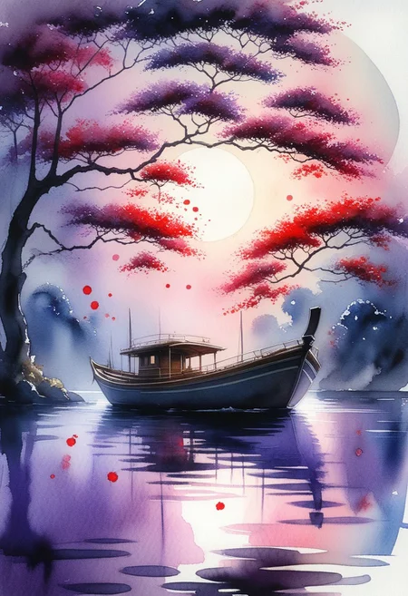 Color Stripes, Watercolor Painting, A stunning Japanese inspired fantasy painting. Sillouette of a boat on the water. Full moon. purple tree. Falling petals swirl. melancholic and serene atmosphere. dramatic chiaroscuro lighting. dramatic contrast between the cool background of deep blues and grays and the warm reds of the foliage. Work by Ivan Shishkin to Yoshitaka Amanos.
perfection style, vivid colors, colorful, vivid background, midjourneyv6.1, ral-wtrclr