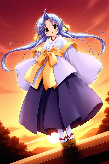masterpiece, best quality, absurdres, official art, official style, rating general BREAK <lora:yunoha_IL_v1-2:0.7>, yunoha, 1girl, solo, red eyes, blue hair, very long hair, parted bangs, hair intakes, twintails, twin braids, hair rings, ahoge, hair ribbon, yellow ribbon, flat chest,
japanese clothes, purple hair, miko, hakama skirt, twintails, hair ribbon, sunset, tabi, long sleeves, :o, looking at viewer, open mouth, tengu-geta, blush, very long hair, dutch angle, cloud, sandals, twilight, full body, sleeves past wrists, wide sleeves, from below, hair rings, twin braids, white kimono, yellow bow, purple hakama, yellow ribbon, arm ribbon, red theme, floating hair, wind lift, yellow sash, red sky, white legwear, light purple kimono, layered dress, floating in air, standing upright, glowing on backlighting
