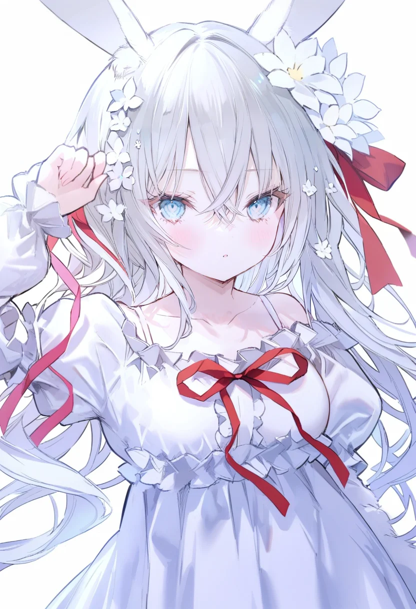masterpiece, best quality, <lora:oninekoXL_ANI31_lokr_V43P1:0.95> 1girl, animal ears, solo, hair flower, rabbit ears, flower, long hair, hair ornament, dress, long sleeves, ribbon, white dress, looking at viewer, white hair, white background, puffy sleeves, blue eyes, collarbone, hair between eyes, off shoulder, red ribbon, blush, simple background, white flower, arm up, frills, rabbit girl, animal ear fluff, upper body, very long hair, parted lips, pink ribbon
