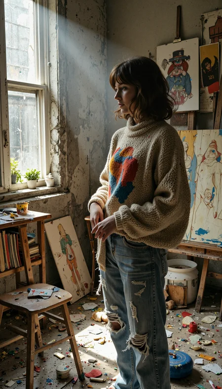 Cinematic, hyper-detailed, gritty vintage texture | (creative isolation, 1960s bohemian art film) | A disheveled young painter with paint-splattered hands stands in a cluttered, sunlit loft, staring at an unfinished canvas on a rickety easel. Her oversized sweater, streaked with vibrant reds and blues, hangs loosely over ripped jeans. Around her, the floor is littered with crumpled sketch pages, empty coffee cups, and dried paint tubes. A single ray of sunlight cuts through a dusty window, illuminating motes in the air and casting long shadows across the room. In the background, a cracked mirror reflects her face, capturing her intense, introspective expression and the chaotic beauty of the loft. The palette is a mix of warm golds and cool grays, with bold splashes of color from the paint. The mood is raw and introspective, a snapshot of an artist caught between inspiration and doubt.
