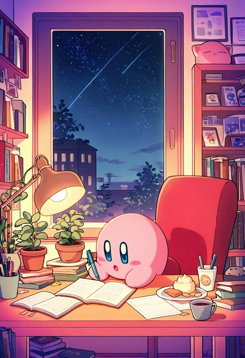 masterpiece, best quality, BREAK, kirby
, side view, chair, book, bookshelf, inhaling food, ice creams, wide open mouth, lamp, night, open book, pen, plant, potted plant, sky, star (sky), starry sky, window, windowsill, <lora:LofiGirl_Style_IXL:1.0>