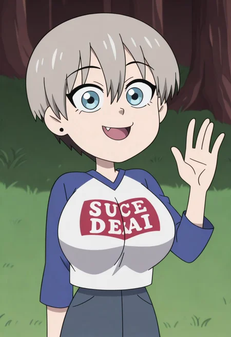 score_9, score_8_up, score_7_up, score_6_up, high resolution, gorgeous, absurdres, best quality, anime screencap, source_anime, official art, 1girl, <lora:Hana_Uzaki_Uzaki-chan_Wants_to_Hang_Out_-_Illustrious_V2:1> outside, trees, grass, Hana sugoi dekai outfit, Hana Uzaki (character), uzaki hana, 1girl, huge breasts, solo, clothes writing, pantyhose, raglan sleeves, short hair, open mouth, romaji text, grey hair, blue eyes, looking at the viewer, fang, happy girl, :D, Hana Uzaki (character), uzaki hana, uzaki-chan wa asobitai!, 1girl, solo, short hair, gray hair, bangs, hair between eyes, blue eyes, ((tohstyle)), upper body view only, hand up, waving