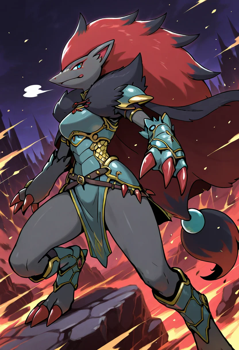 masterpiece, best quality, no humans, <lora:ZoroarkPokedex_IXL_v1:1.0>, zzZoroark, 1girl, solo, wild windswept hair, braided sides, fur-lined leather cape, heavy iron claw gauntlets, scale armor tunic, fur-trimmed boots, braided belt with bones, snowy battlefield, aurora overhead â Amid frost-covered bones, she roars skyward, iron claws flashing green beneath the northern lights. Her leather cape whips behind her as she charges into the storm, breath misting like a beast. The battle drum of ancient spirits echoes in her pulse as she strikes.