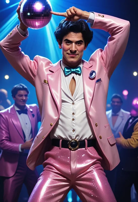 score_9, score_8_up, score_7_up, D4NC3RS, A man in a glittery pink suit , arms up, fingers pointing, detailed face, is disco dancing, SATURDAY NIGHT FEVER BREAK discotheque with hanging disco ball, night club, dancing, studio photography, detailed Nikon X3460, cinematic angle, cinematic lighting,