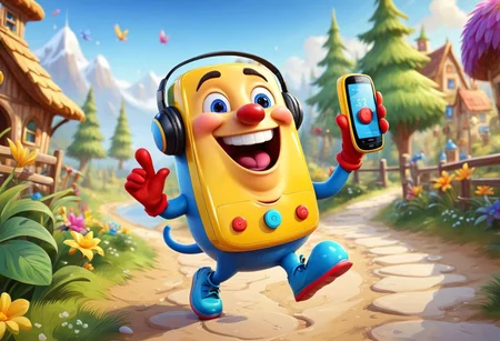 Picture a cheerful cartoon Nokia push-button phone skipping along the path on short legs, laughing merrily, singing a song, merrily waving his hands in multi-colored gloves. Beautiful, shiny, splashing with joy and fun.