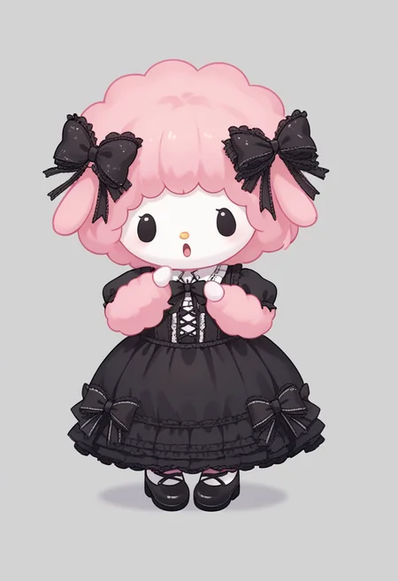score_9, score_8_up, score_7_up, score_6_up, score_5_up, BREAK
mysweetp, solo, full body, bow, simple background, black footwear, black eyes, standing, open mouth, black bow, goth dress, dot eyes, furry, chibi, feral, pink fur, white face