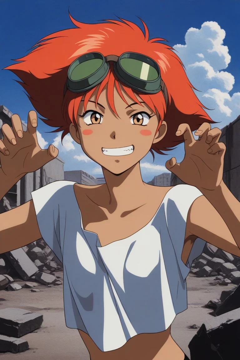 masterpiece, best quality, source_anime,official art,perfect_anatomy,1990s_\(style\),retro_artstyle, 1girl,Edward,red_hair,spiked_hair,goggle_on_head,white_shirt,short_sleeves,bike_shorts,flat chests,(claw pose,beautiful detailed face,looking_at_viewer,grin),breasts,upper body,day,Rubble pile, ruins,blue_sky,cloud