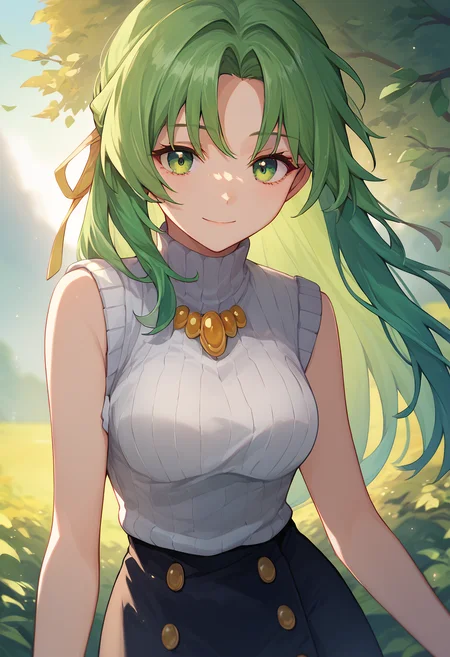 score_9, score_8_up, score_7_up, 1girl, ShionSW, green hair, long hair, green eyes, hair ribbon, white turtleneck sweater, black pencil skirt, brooch, sleeveless, outdoors, light smile, <lora:Shion lorer 4-000007:1>