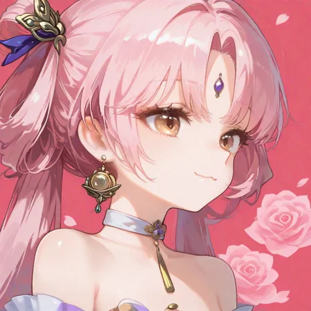 (fuxuan:1.1),(pink hair:1.3), long hair,(twintails:1.1),hair rings,hair ornament,forehead jewel,brown eyes,
(masterpiece, best quality), pink rose background, profile, close shot,  :3, white choker, (closed eyes:1.1),bare_shoulders, collarbone, earrings, jewelry, hair behind ear, facing_away, Simple background