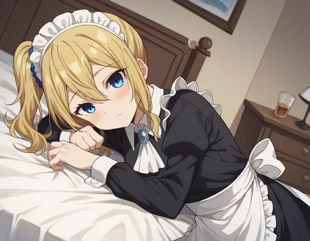score_9, score_8_up, score_7_up, source_anime,
aihayasaka, <lora:ai-hayasaka-s3-ponyxl-lora-nochekaiser:1>,
ai hayasaka, bangs, blue eyes, blonde hair, hair ornament, hair between eyes, sidelocks, side ponytail, scrunchie, hair scrunchie, blue scrunchie,
shirt, long sleeves, dress, white shirt, collared shirt, apron, maid, maid headdress, ascot, waist apron,
indoors, bed, bed room, on side, blush, drunk,
looking at viewer, cowboy shot, dutch angle, solo,