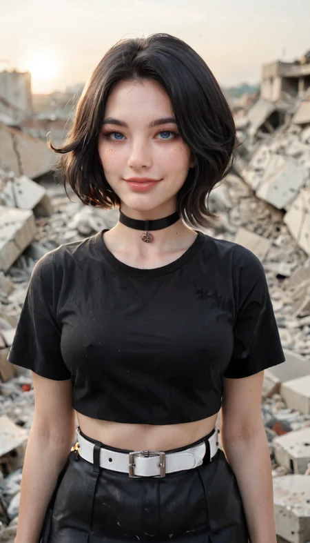 score_9, score_8_up, score_7_up, Raw Photo, Portrait,
<lora:doomer_girl:0.7> doomer girl, black hair, choker, hair bob, parted hair, pale skin, blush, blue eyesblack shirt, 1girl, short hair, solo, black nails, breasts, upper body
cute, seductive, innocent, light smile:0.3, plump lips, slender body, hips, black skirt, white belt, midriff,
looking at the viewer, , sunset, rubble in the background, depth of field, dynamic angle, (photo realistic:1.4), realistic skin:1.4, fashion photography, sharp, analog film grain, hyperdetailed:1.15,
