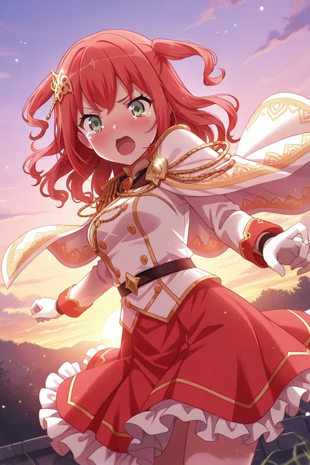 masterpiece, best quality, amazing quality,
<lora:Stella_IL:1> stella, skirt, 1girl, gloves, green eyes, two side up, red skirt, hair ornament, cape, open mouth, outdoors, red hair, solo, white gloves, white cape, jewelry, tears, sunset, sky, aiguillette, frilled skirt, bangs, looking at viewer, blush, v-shaped eyebrows, altsk