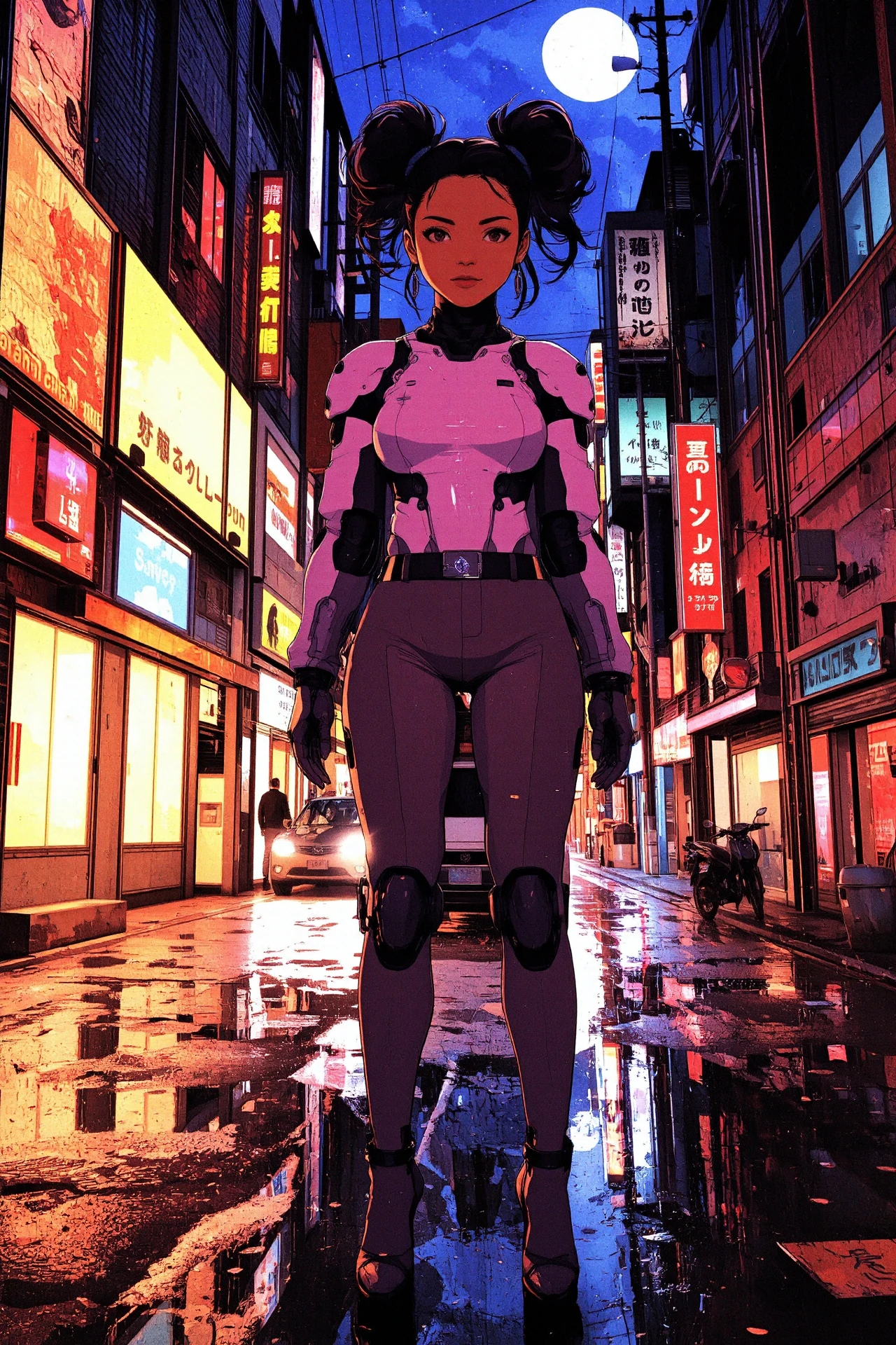Kenyan updo hairstyle brown hair (young woman), anime, illustration, cyberpunk, futuristic, (extremely detailed), (portrait), (standing:1.3), (happy smile), (beautiful cyberpunk tokyo buildings landscape), wet floor, windows, motorbike, car, moon in the sky, (bright neon lights), screen holograms, kanjis, raytracing, hdr, high contrast, ethereal cinematic lights, backlight, reflections, (legs), heels, (sharp focus), luminous Blush Pink robot glossy brilliant armor, body lights, body circuits, glossy lipstick, necklace, wire earrings, colorful, retrowave, shadows, vibrant colors, pretty, beautiful, feminine, sexy, lovely, in love, adorable, fashion,  <lora:Hand v2:1> <lora:Anti-Blur:1> <lora:RetroAnimeFluxV1:0.4> <lora:CPA:0.8> <lora:Luminous_Shadowscape:0.4>
